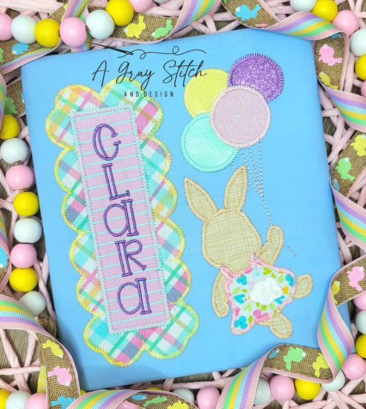 Zig Zag Applique Floating Balloon Girl Bunny Quick Stitch Easter Machine Embroidery Design