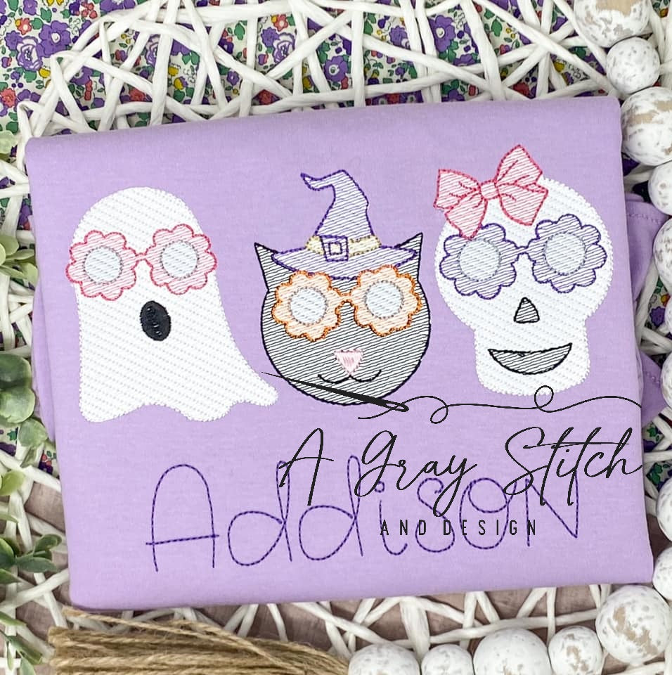 Groovy Cutie Halloween Spooks Black Cat Ghost Skeleton Sketch Machine Embroidery Design