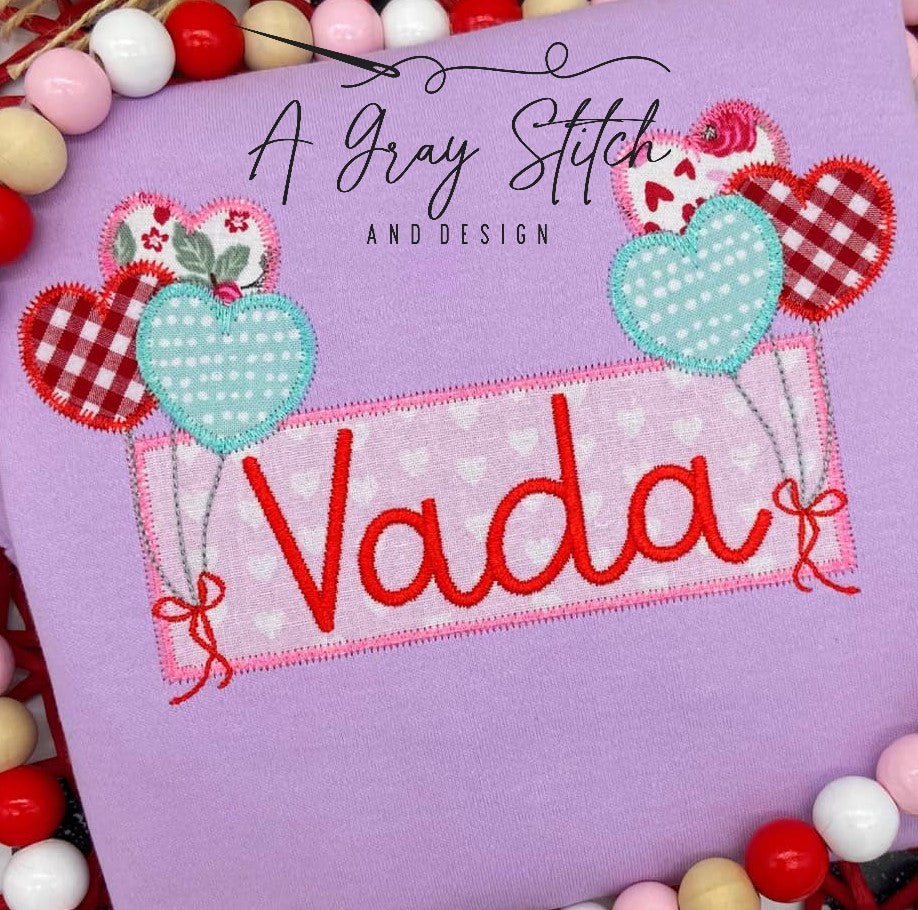 Zig Zag Applique Name Frame with Balloon Hearts Valentine's Machine Embroidery Design