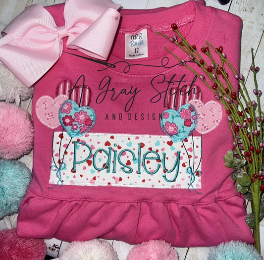 Zig Zag Applique Name Frame with Balloon Hearts Valentine's Machine Embroidery Design