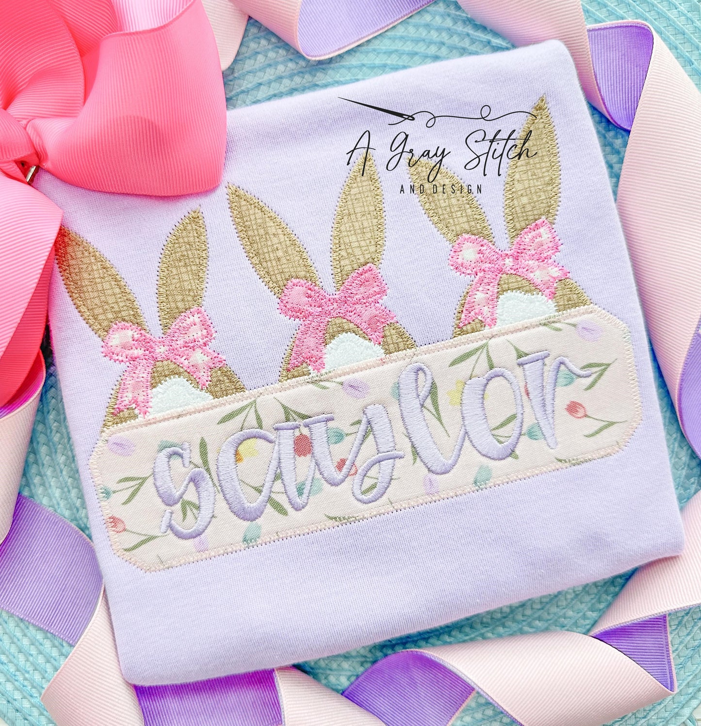 Zig Zag Applique Bunny Tail Trio with Bows Quick Stitch Easter Machine Embroidery Design