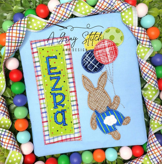 Zig Zag Applique Floating Balloon Boy Bunny Quick Stitch Easter Machine Embroidery Design