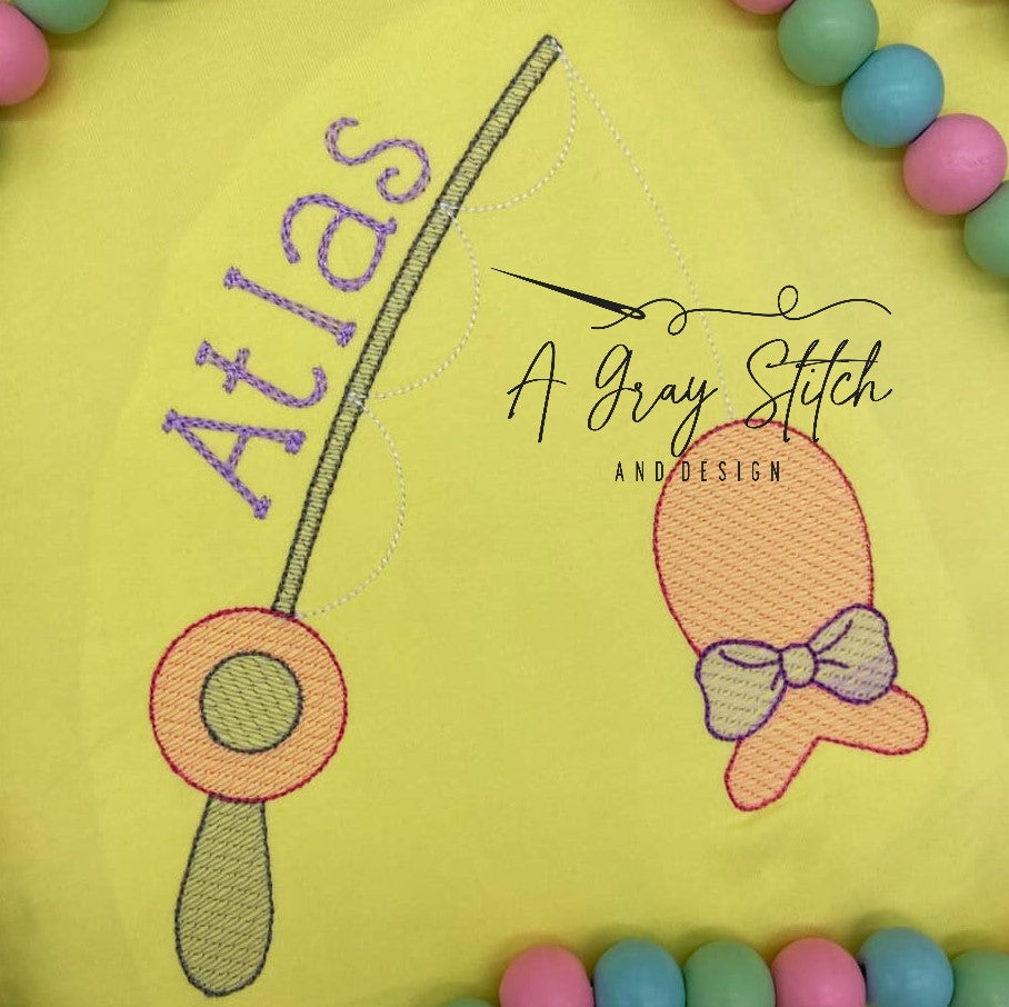 Fishing Pole with Fish and Bow Sketch Fill