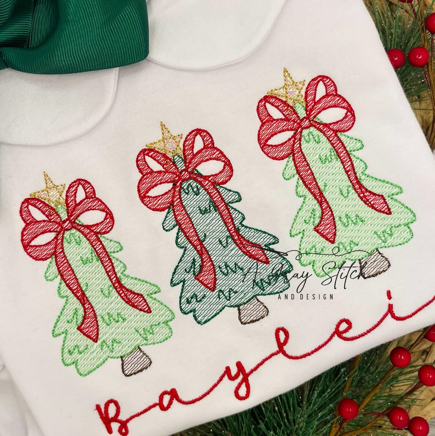 Sketch Fill Whimsical Christmas Tree Trio Applique Design