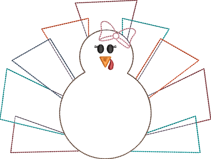 Bean Stitch Applique Quirky Turkey with Bow Machine Embroidery Design Quick Stitch