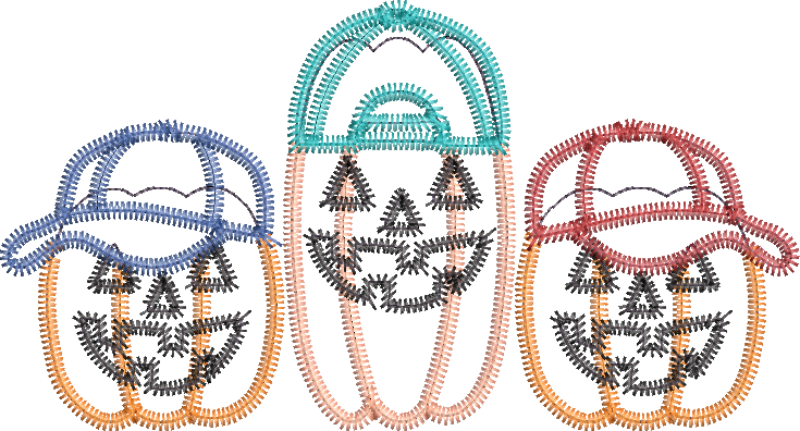 Zig Zag Applique Jack o Lantern Trio in ballcaps Machine Embroidery Design