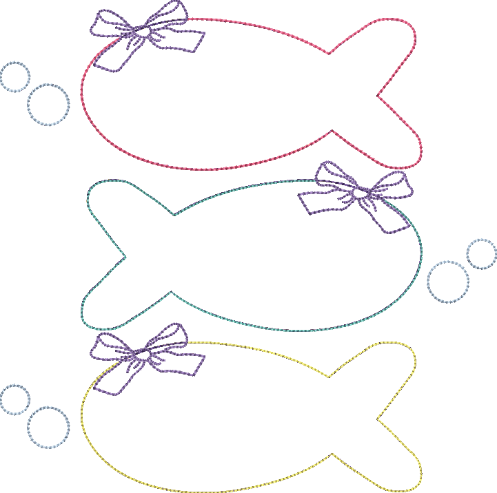Bean Stitch Applique Fish Trio with Bow Machine Embroidery Quick Stitch Design
