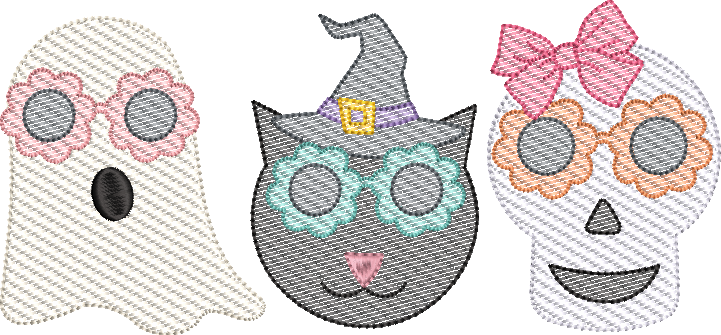 Groovy Cutie Halloween Spooks Black Cat Ghost Skeleton Sketch Machine Embroidery Design
