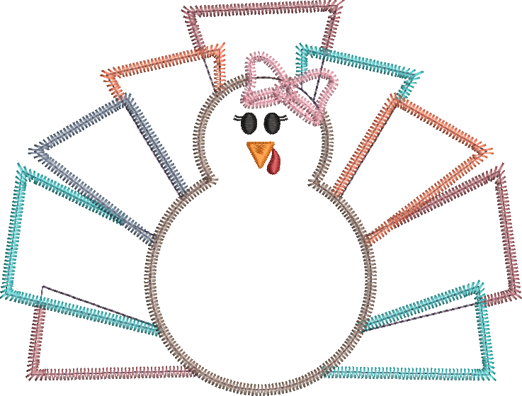 Zig Zag Applique Quirky Turkey with Bow Machine Embroidery Design Quick Stitch