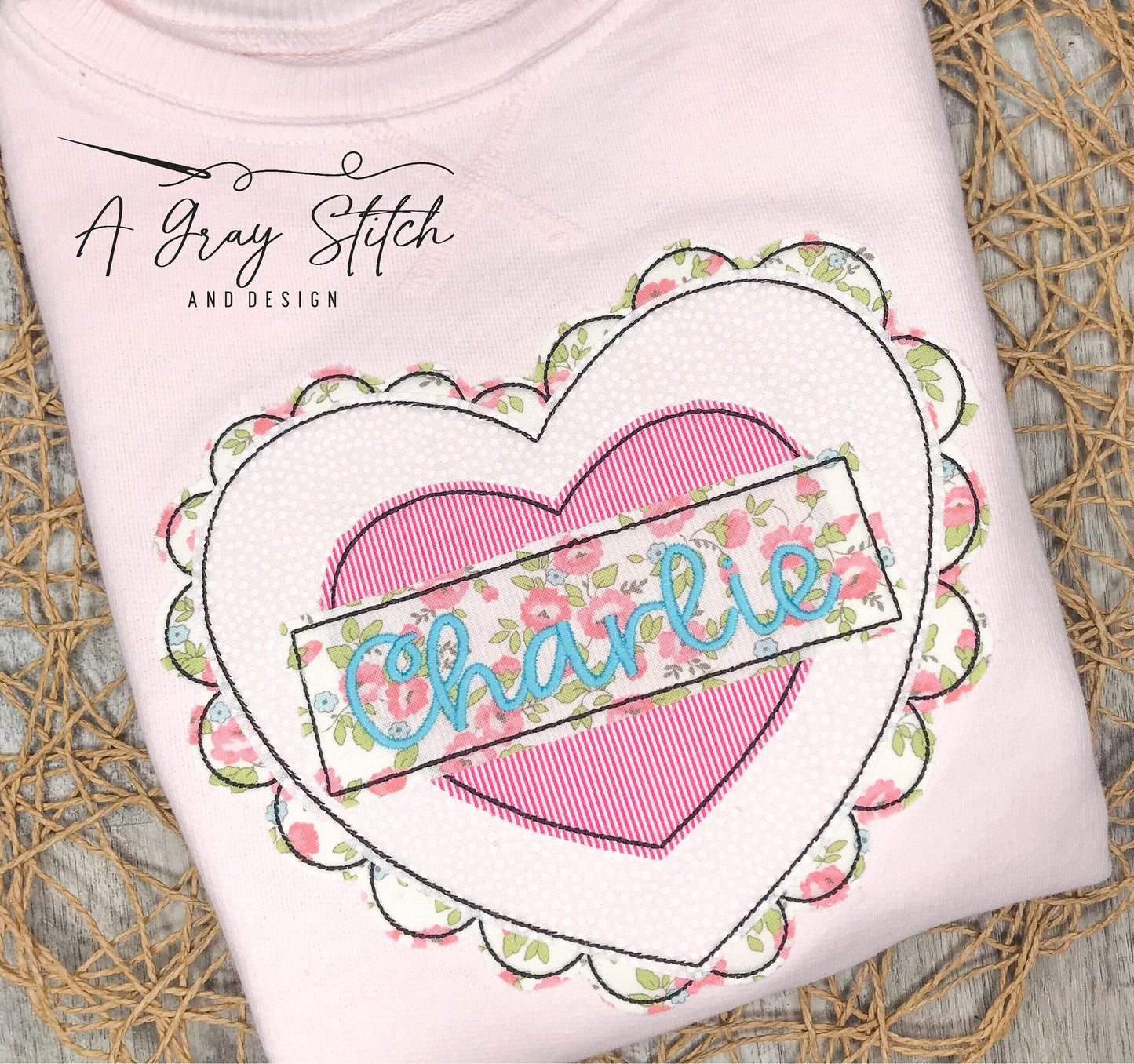 Scallop Trimmed Heart Bean Stitch Applique Machine Embroidery Design Quick Stitch