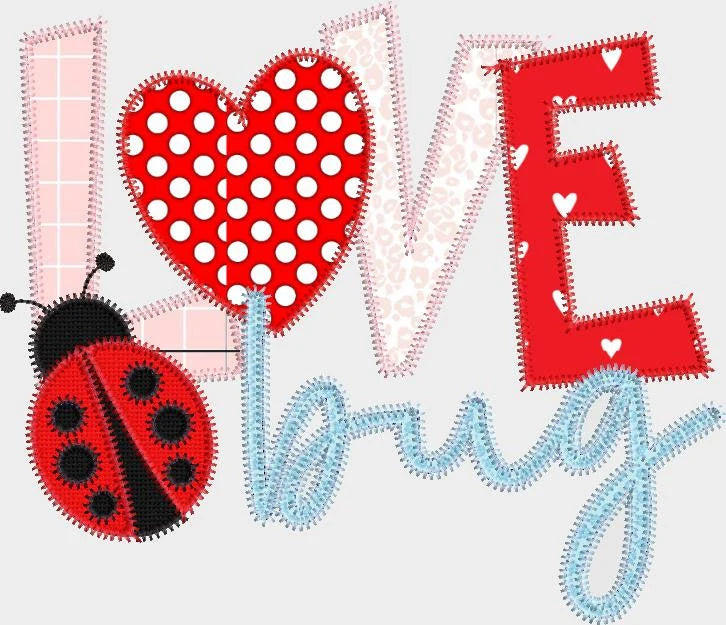 Zig Zag Applique Love Bug with Ladybug for Valentin's Day Machine Embroidery Design