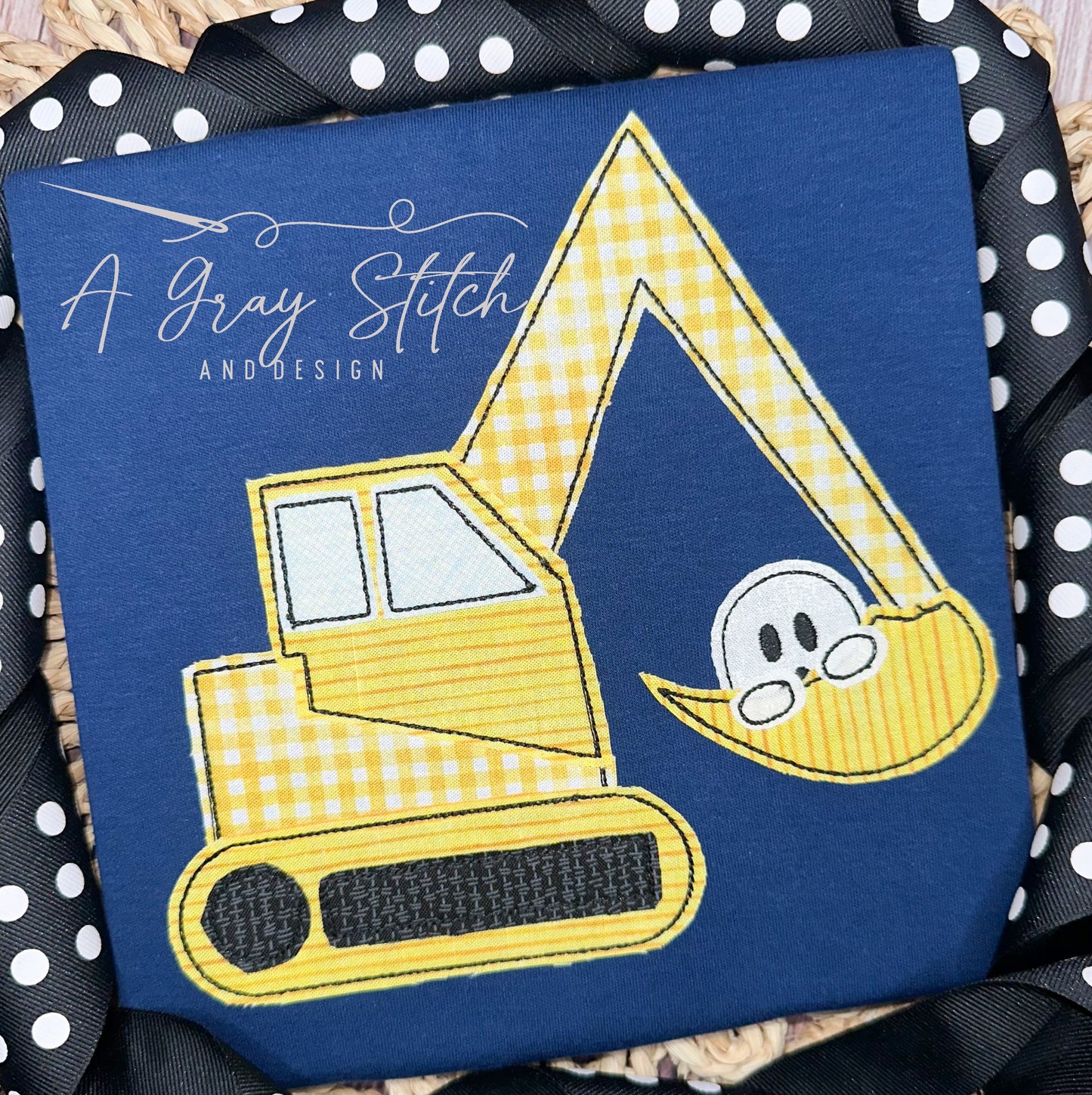 Bean Stitch Digger Backhoe with Ghost Halloween Machine Embroidery Applique Design