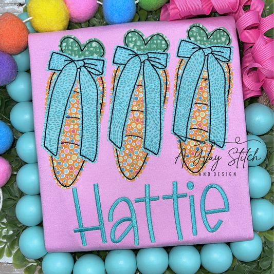 Bean Stitch Applique Simple Carrot Trio with Bows Easter Machine Embroidery Design