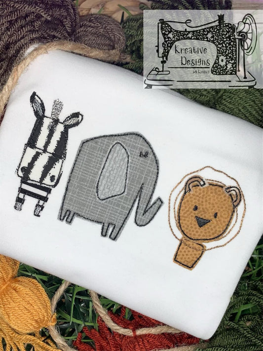 Zoo Trio Quick Stitch Applique Design Vintage Stitch Applique Design Lion Elephant Zebra Applique Design