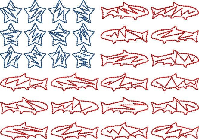 Sketchy Fish Flag American Flag Independence Day Embroidery Design Quick Stitch