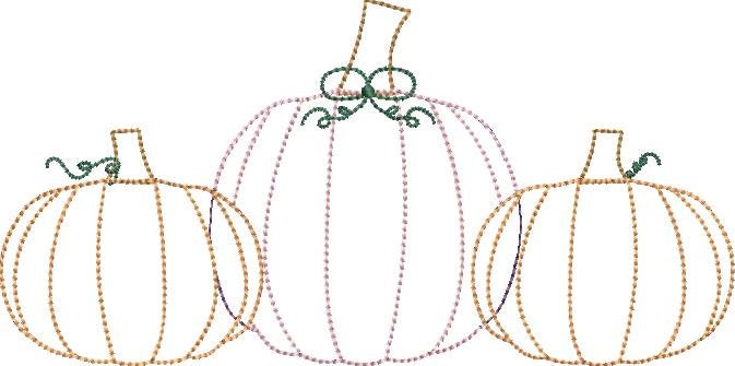 Simple Pumpkin Trio Bean Stitch Applique with Bow Curly Machine Embroidery