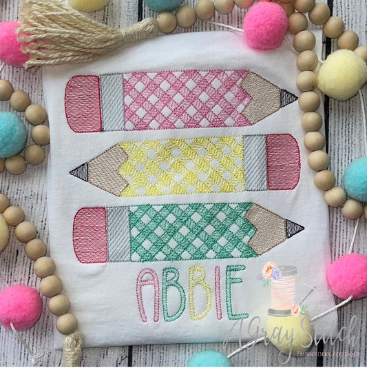 Gingham Pencil Trio Sketch Fill Embroidery Design Quick Stitch