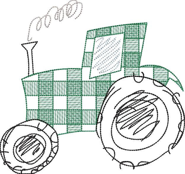 Gingham Sketchy Tractor Machine Embroidery Design
