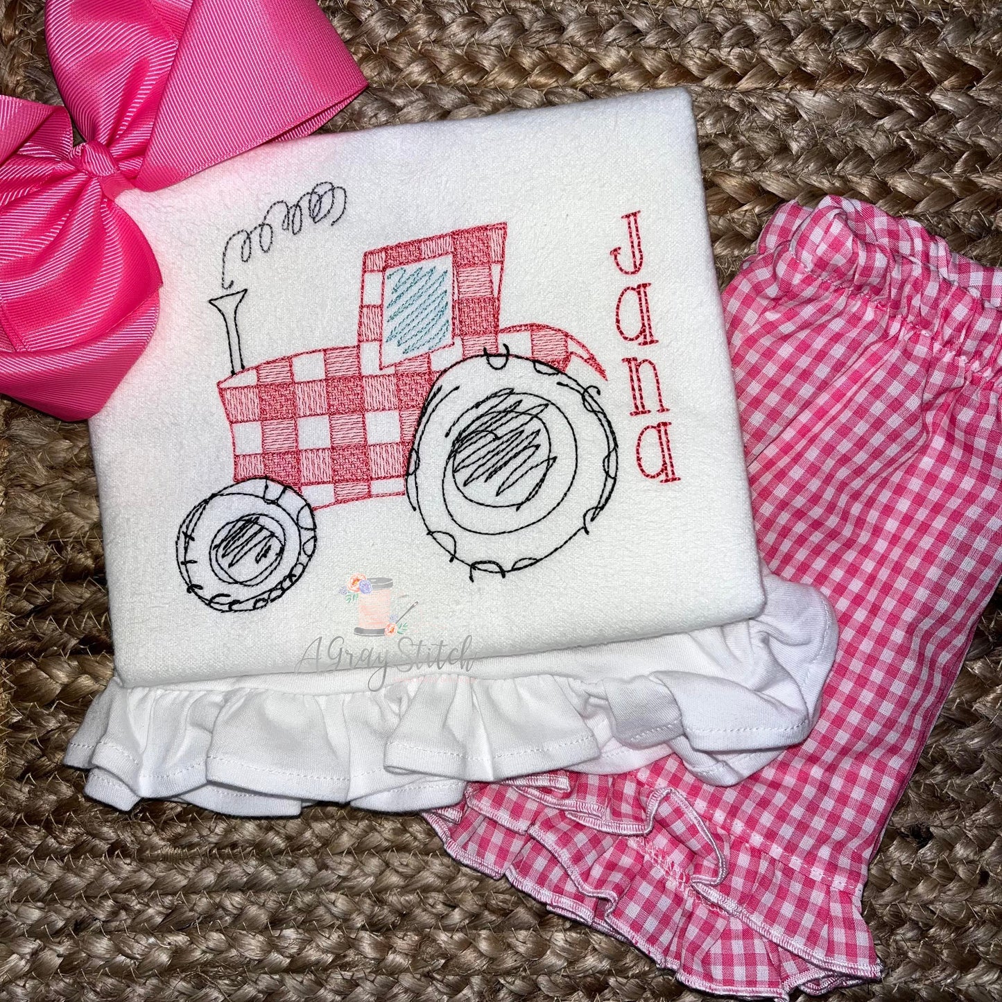 Gingham Sketchy Tractor Machine Embroidery Design