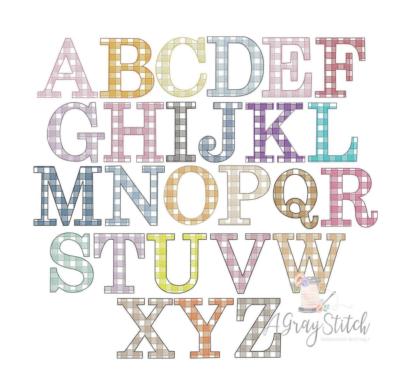 Jumbo Gingham Sketch Embroidery Alphabet 4 inch 5 inch includes mini designs Machine Embroidery Font BX included