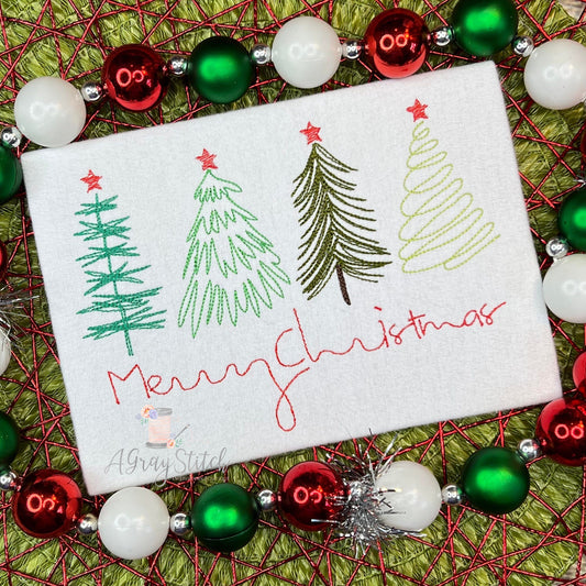 Doodle Christmas Trees Merry Christmas Machine Embroidery Design Quick Stitch