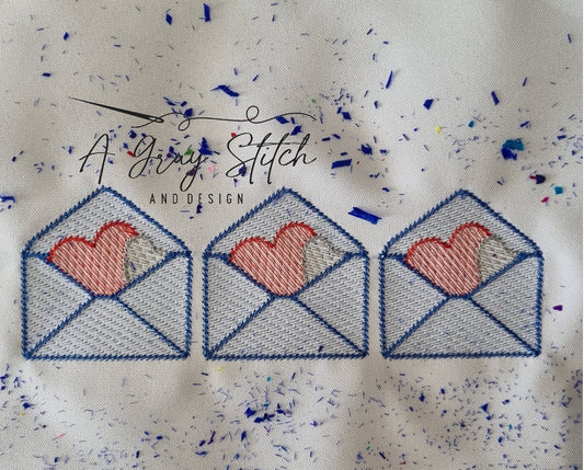 Envelope Trio with Hearts Sketch Fill Quick Stitch Machine Embroidery Design Valentine's Day