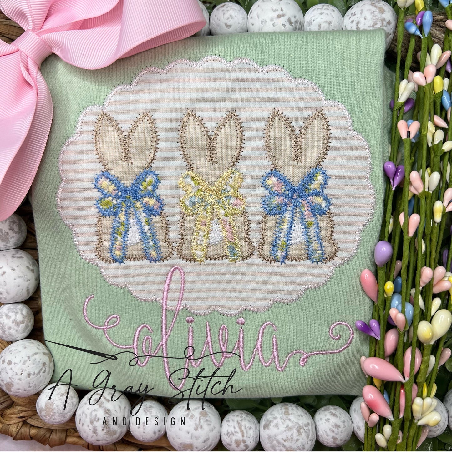 Zig Zag Scallop Applique Frame with Applique Bunny Trio with Bows Machine Embroidery Design