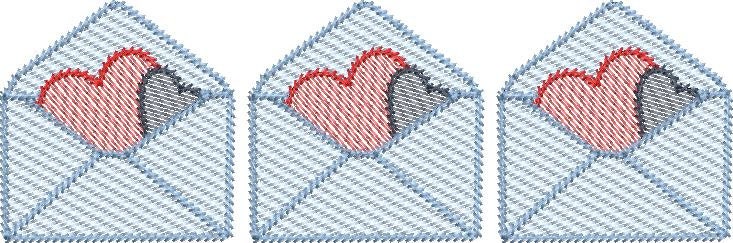 Envelope Trio with Hearts Sketch Fill Quick Stitch Machine Embroidery Design Valentine's Day