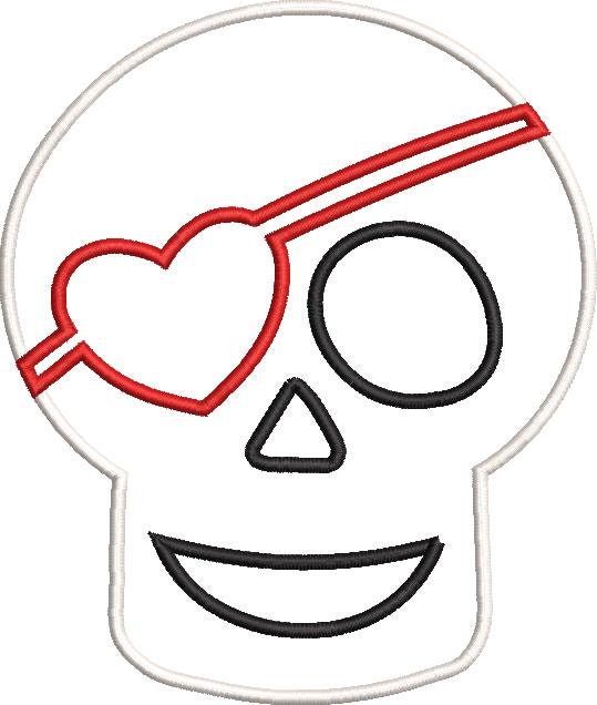 Satin Stitch Skeleton with Heart Eye Patch Machine Embroidery Applique Design