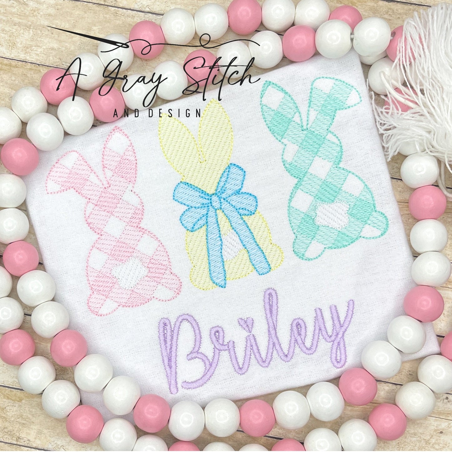 Gingham Sketch Fill Bunny Trio with Bow Quick Stitch Machine Embroidery Design