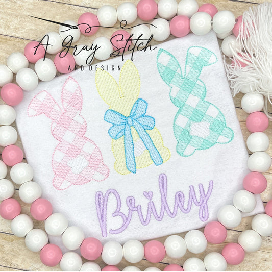 Gingham Sketch Fill Bunny Trio with Bow Quick Stitch Machine Embroidery Design