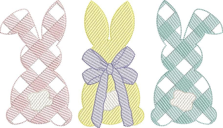 Gingham Sketch Fill Bunny Trio with Bow Quick Stitch Machine Embroidery Design