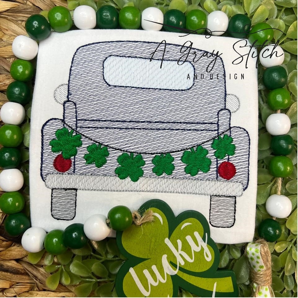 Sketch Fill Pickup Truck with Shamrock Bunting Banner Quick Stitch Machine Embroidery Design
