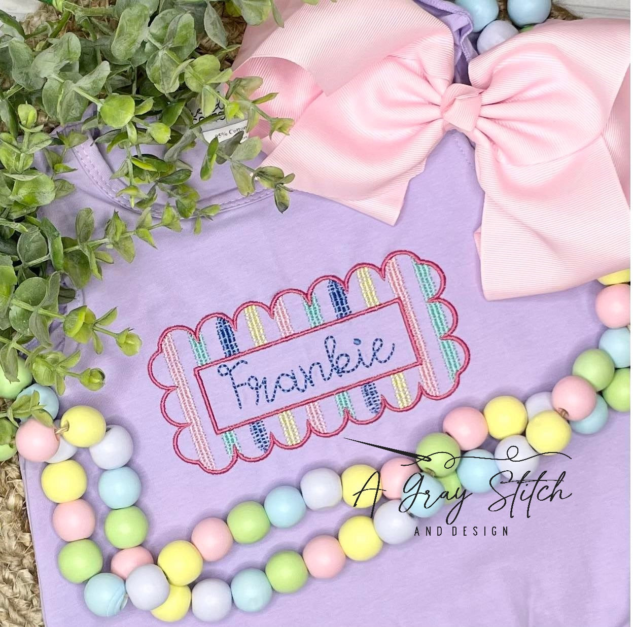 Scalloped Scribble Striped Machine Embroidery Name Frame No Applique Quick Stitch