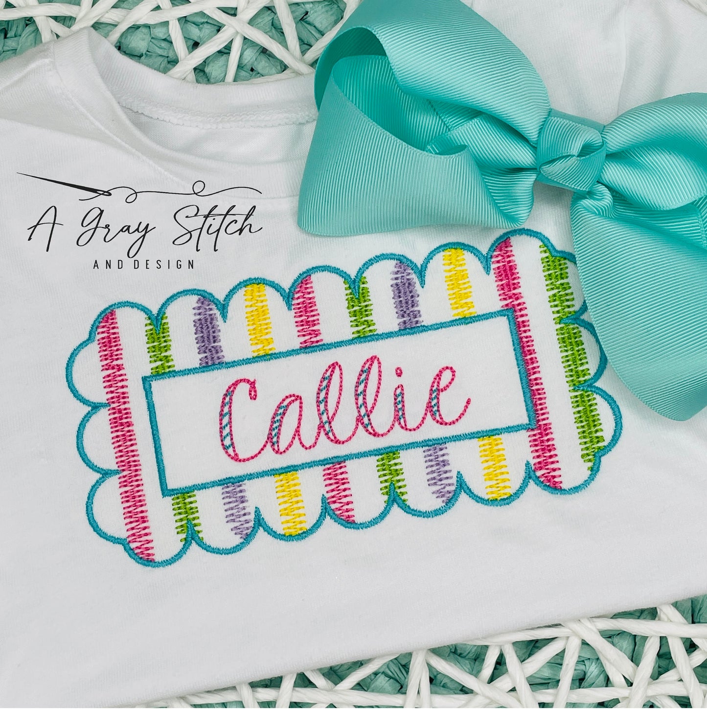 Scalloped Scribble Striped Machine Embroidery Name Frame No Applique Quick Stitch
