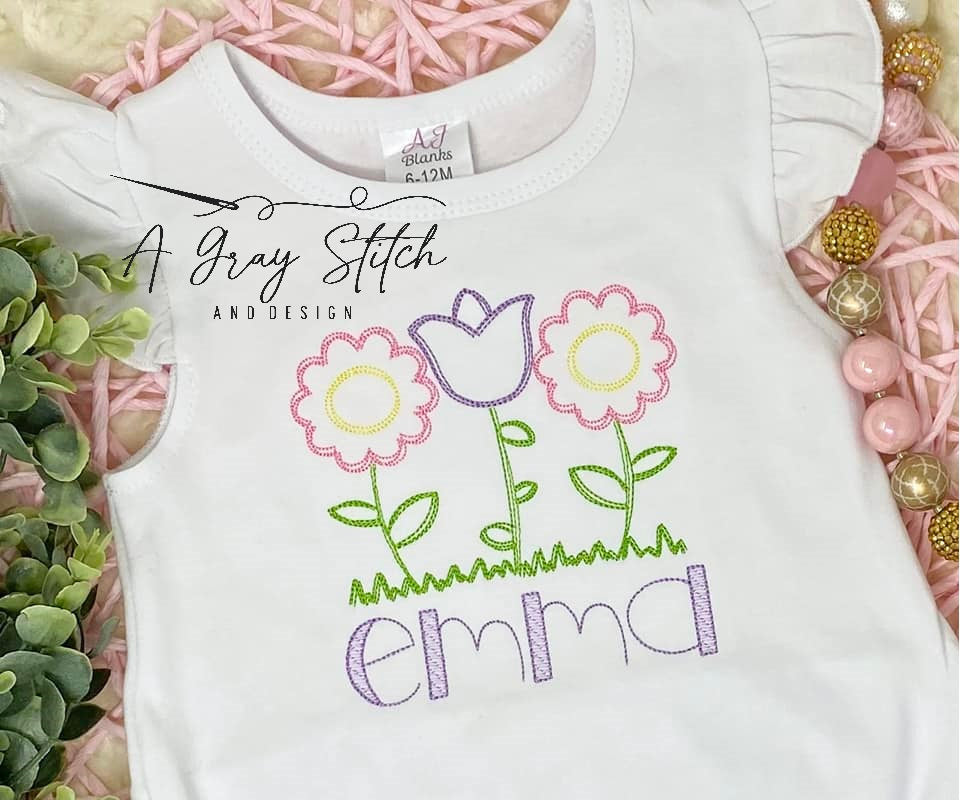 Scratchy Spring Flowers Scene Machine Embroidery Quick Stitch Design