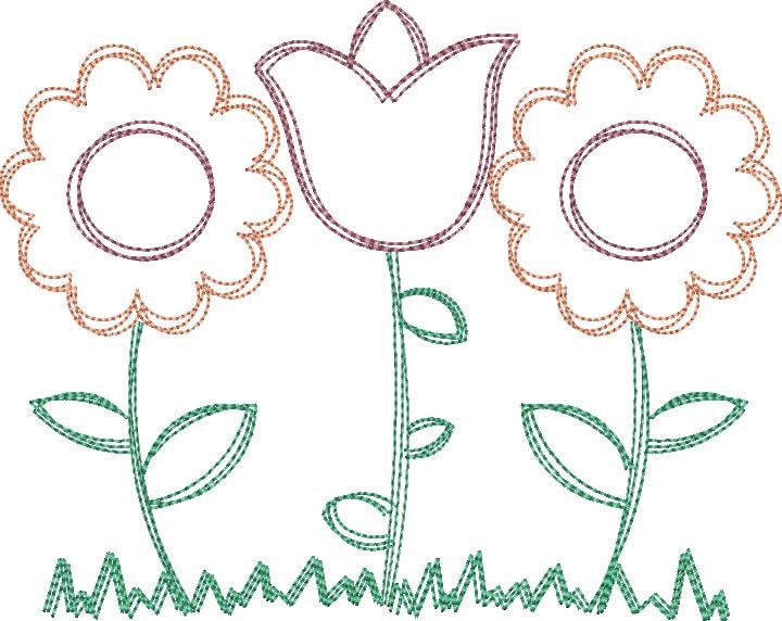 Scratchy Spring Flowers Scene Machine Embroidery Quick Stitch Design