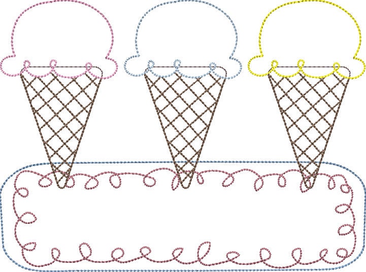Bean Stitch Applique Ice Cream Trio with Name Frame Machine Embroidery Quick Stitch Design