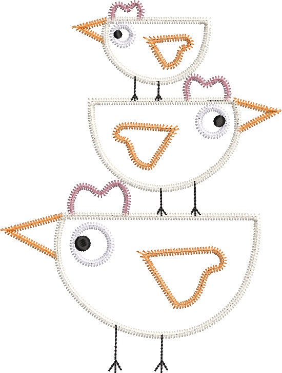Zig Zag Applique Stacked Chickens Cute Machine Embroidery Design