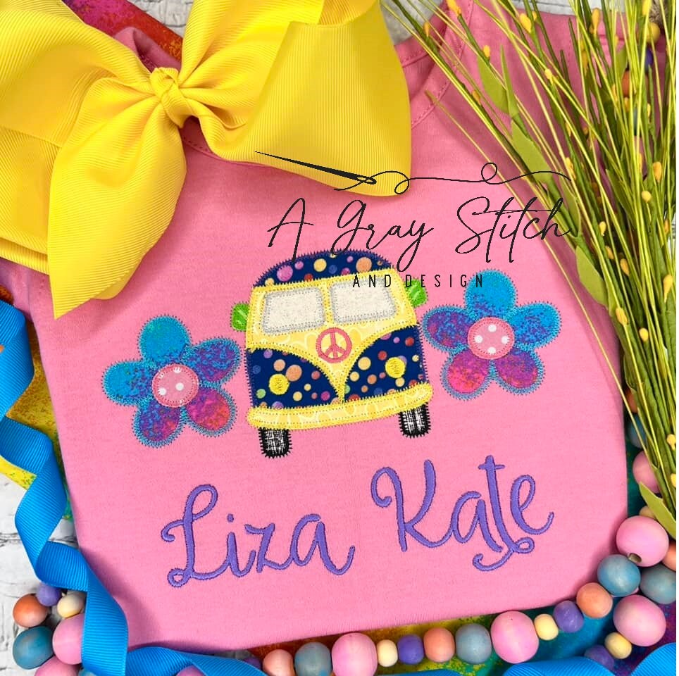 Groovy Retro Van and Daisies Zig Zag Applique Machine Embroidery Design