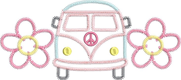 Groovy Retro Van and Daisies Zig Zag Applique Machine Embroidery Design