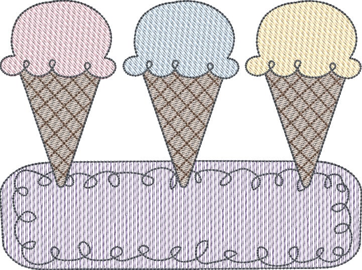 Sketch Fill Ice Cream Trio Quirky Machine Embroidery Quick Stitch Design