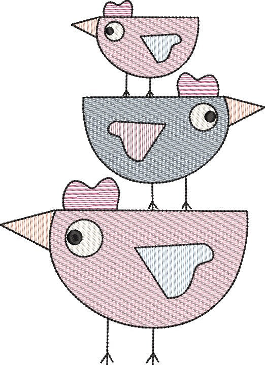 Sketch Fill Stacked Cute Chickens Machine Embroidery Design