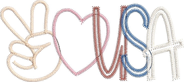 Peace Love USA Zig Zag Applique Quick Stitch Machine Embroidery Design Independence Day Memorial Day