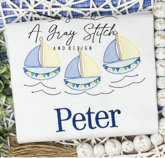Sketch Fill Sailboat Trio on Water Machine Embroidery Nautical Boy Quick Stitch Design