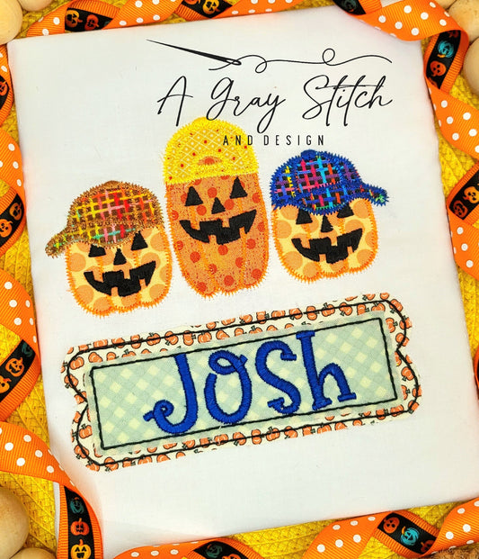 Zig Zag Applique Jack o Lantern Trio in ballcaps Machine Embroidery Design