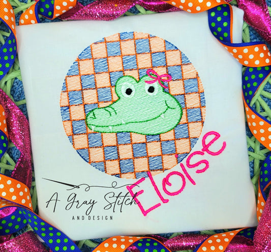Check Background Gator with Bow Mascot Sketch Fill Quick Stitch Machine Embroidery Design