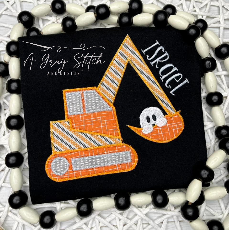 Zig Zag Digger Backhoe with Ghost Halloween Machine Embroidery Applique Design