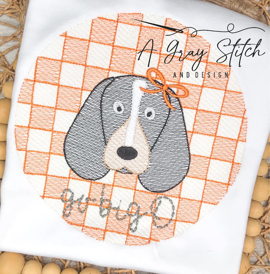 Check Background Hound Dog with Bow Mascot Sketch Fill Quick Stitch Machine Embroidery Design