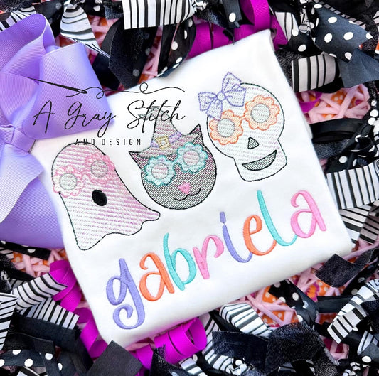 Groovy Cutie Halloween Spooks Black Cat Ghost Skeleton Sketch Machine Embroidery Design